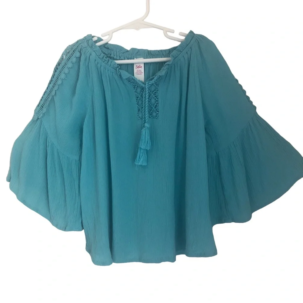 JUSTICE Store Teal Peasant Top Bell Sleeves Crochet Tasseles BOHO